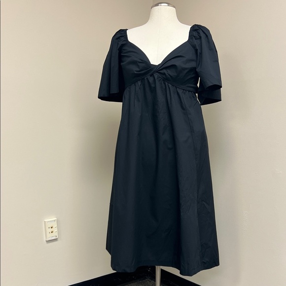 Abercrombie & Fitch Petite Navy Puff Sleeve Twist Front Bow Back A-Line Dress L - Picture 2 of 9